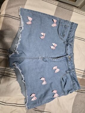 SHEIN Light Blue Denim Jean Shorts with Pink Bow Accents
